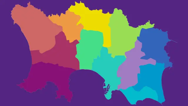 A map with multi-coloured areas within the map on a purple background.