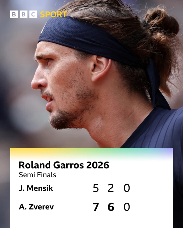 Zverev 7-5 6-2 0-0 Mensik - Zverev looks on