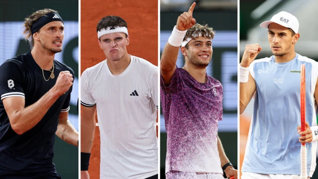 Split image of Alexander Zverev (wearing black t-shirt and black headband, pumping his right fist), Jakub Mensik (white t-shirt, white headband, looking determined), Flavio Cobolli (purple t-shirt, white headband with hair flopping over and rising his right fist), and Matteo Arnaldi (pale blue vest and white cap, punching his right fist and holding an orange racquet in his right hand)