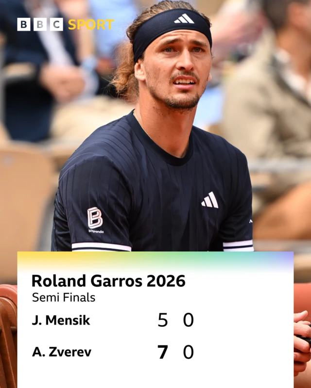 Zverev 7-5 0-0 Mensik - Zverev looks on
