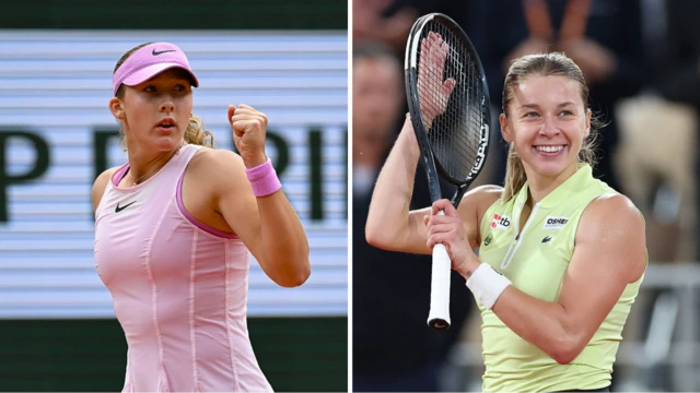 Mirra Andreeva (left), wearing a pale pink dress and cap, photographed side on and raising her left fist in celebration; Maja Chwalinska, wearing a yellow sleeveless top, smiles and applauds her right palm on the string of her black racquet