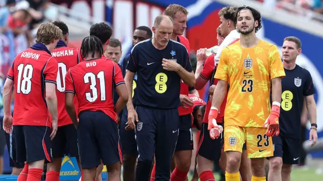 Thomas Tuchel, Manager of England, looks on during a drinks break during the international friendly match between England and New Zealan