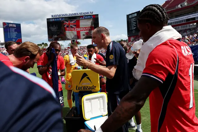 Thomas Tuchel, Manager of England, gives instructions to the players during a drinks break during the international friendly match between England and New Zealand