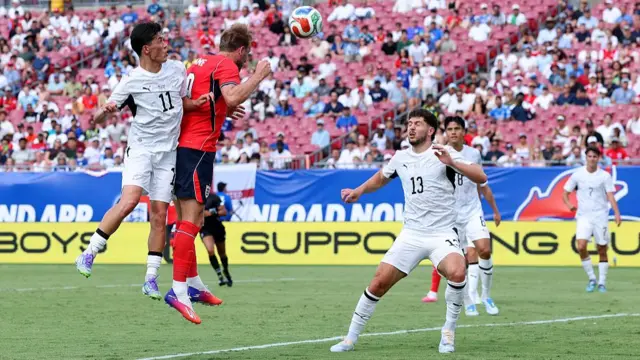 Harry Kane #9 of England heads the ball during the international friendly match between England and New Zealand at Raymond James Stadium