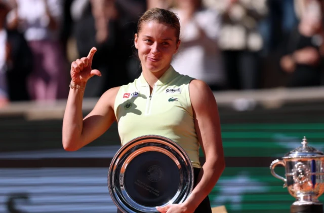 Maja Chwalinska of Poland poses with her runner-up trophy