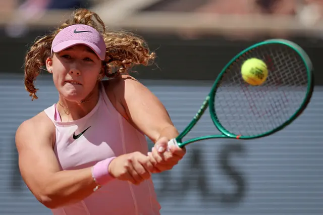Russia's Mirra Andreeva plays a forehand return