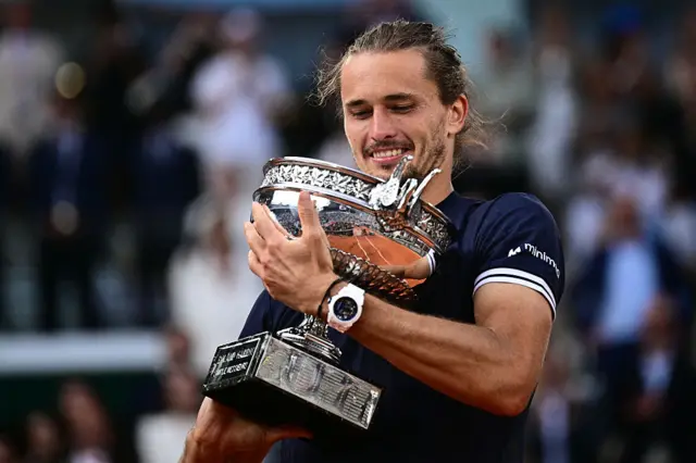 Germany's Alexander Zverev holds "La Coupe des Mousquetaires" trophy