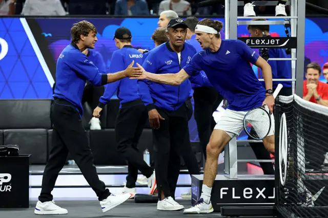 Flavio Cobolli of Team Europe celebrates with Alexander Zverev of Team Europe