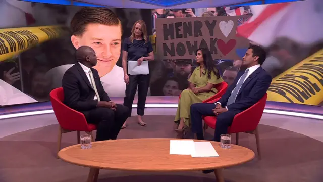 From left to right: Deputy PM David Lammy, sitting on a red chair; presenter Laura Kuenssberg standing; Claire Coutinho sitting; and Zia Yusuf sitting