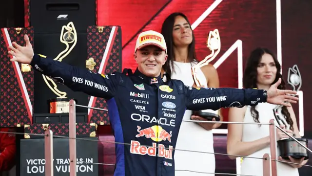 Red Bull's Isack Hadjar on the podium in Monaco
