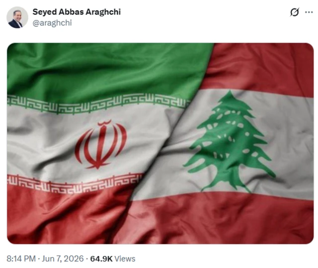 A screenshot of a tweet from Abbas Araghchi showing a photo of the flags of the Islamic Republic and Lebanon.