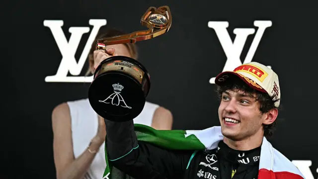 Kimi Antonelli lifting the trophy on the podium