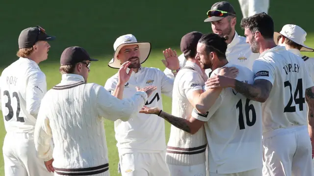 Jordan Clark celebrates the wicket of Nick Gubbins