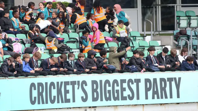 School kids at the Oval during the rain delay