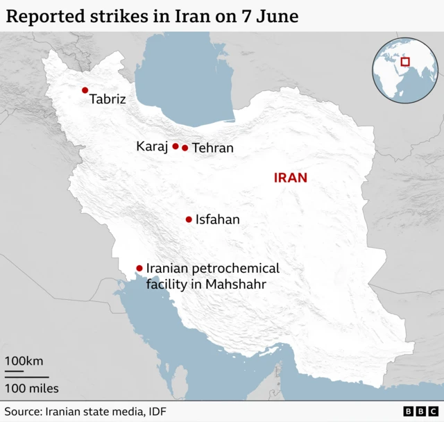 Map of Iran titled “Reported strikes in Iran on 7 June.” Red dots mark locations of reported strikes at Tabriz in the northwest; Karaj and Tehran close together in the north; Isfahan in central Iran; and an Iranian petrochemical facility in Mahshahr in the southwest near the Gulf coast. A small inset map shows Iran’s location in the Middle East. Scale bar indicates 100 km/100 miles