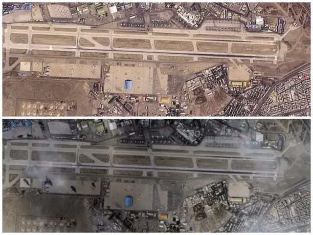 Satellite images shows Mehrabad Airport in Tehran, Iran, before (above) and after (below) a reported attack in early March