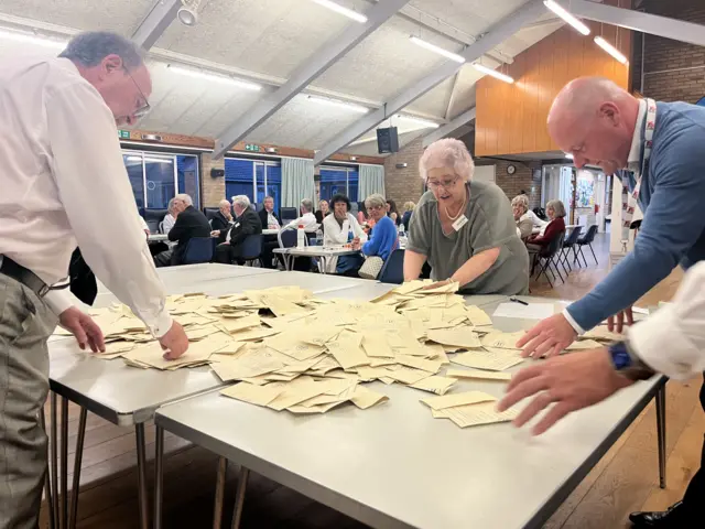 People standing round a table covered in ballot papers