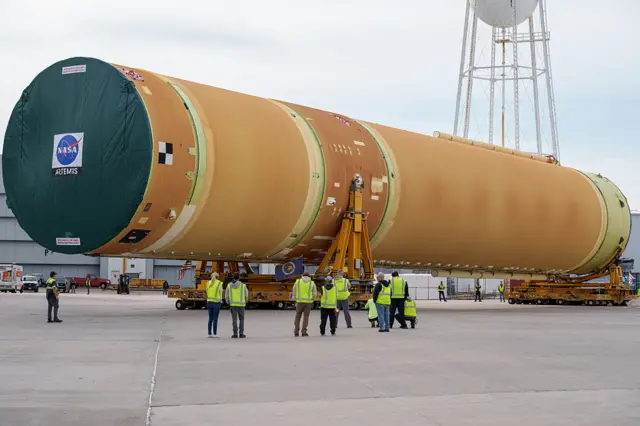 One of the components of the Artemis III at a launch facility in New Orleans in April