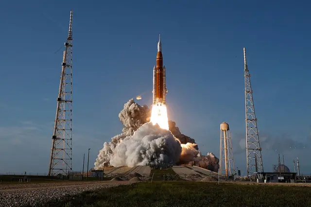 NASA's 322-foot-tall Artemis II Space Launch System rocket and Orion spacecraft lifts off from Launch Complex 39B at Kennedy Space Center on April 01, 2026 in Cape Canaveral, Florida