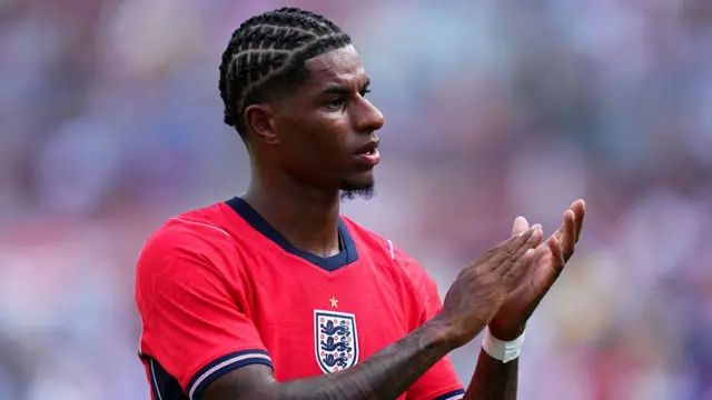 : Marcus Rashford #11 of England looks on at half time