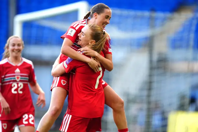 Wales' Mared Griffiths (centre) celebrates with Ceri Holland