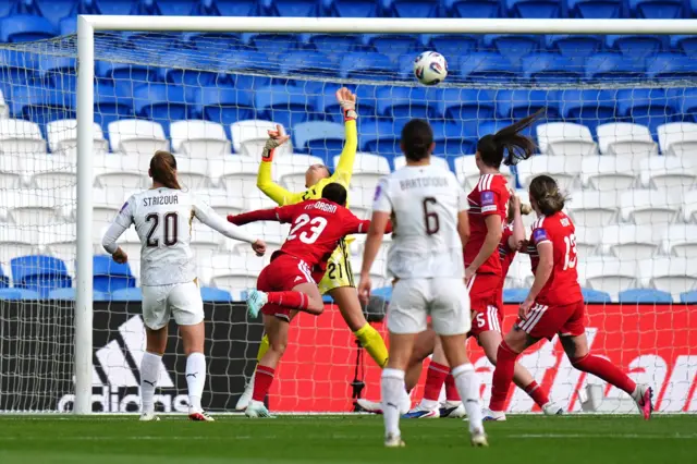Czech Republic's Sabina Strizova (left) has a shot hit the crossbar