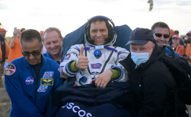Expedition 69 NASA astronaut Frank Rubio is carried to a medical tent shortly after he, and Roscosmos cosmonauts Dmitri Petelin and Sergey Prokopyev landed in their Soyuz MS-23 spacecraft on September 27, 2023 near the town of Zhezkazgan, Kazakhstan.