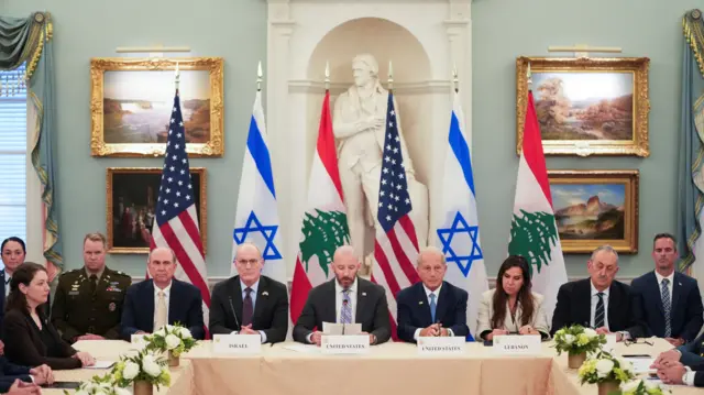 A group of Lebanese, Israel and US officials sat around a table during a meeting hosted at the State Department in Washington