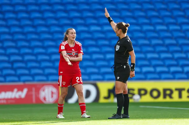 Wales' Carrie Jones appeals to the referee