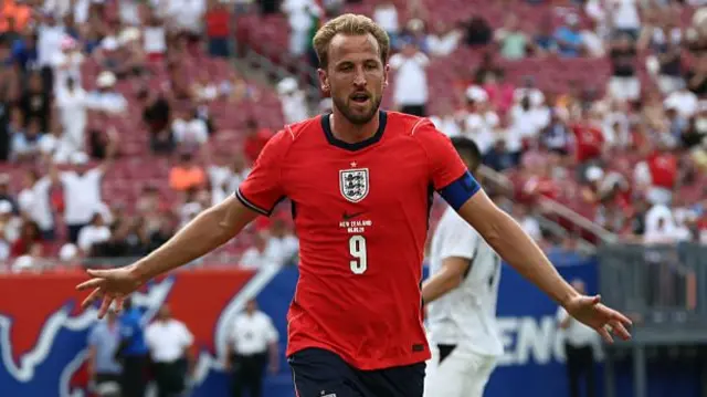 England forward Harry Kane (9) celebrates after his goal