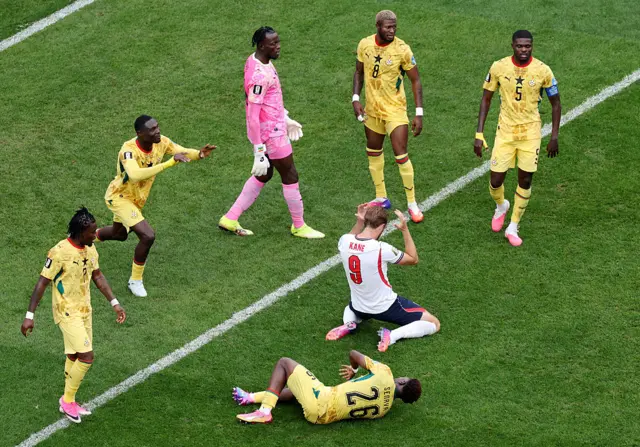 Harry Kane reacts after missing a chance as Ghanaian players surround him during England’s 0-0 draw with Ghana