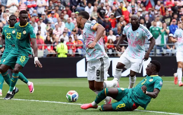 Senegal's Lamine Camara commits a penalty fault on Belgium's Youri Tielemans during a soccer game between Belgian national team Red Devils and Senegal, on Wednesday 01 July 2026, at the Seattle Field, in Seattle