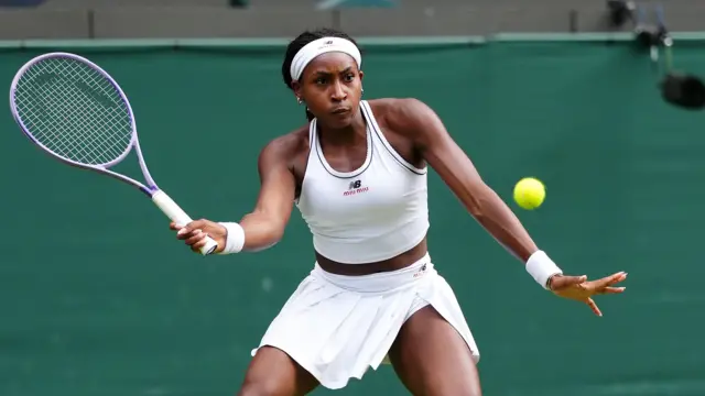 Coco Gauff hits a forehand