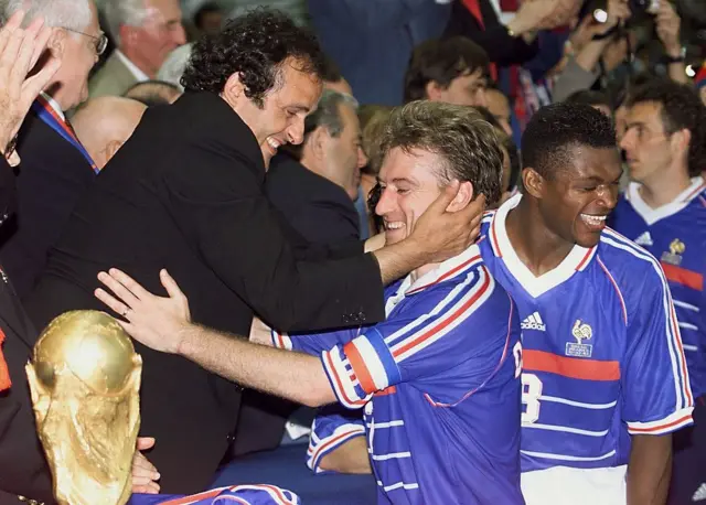 France captain Didier Deschamps prepares to lift the World Cup in 1998