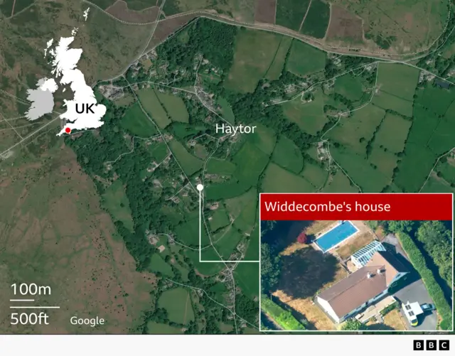 A satellite image of the Haytor area on Dartmoor in Devon. A marker highlights the location of Widdecombe’s house on a road south of Haytor village. An inset aerial photograph shows the property in detail, including a detached house, garden and outdoor swimming pool