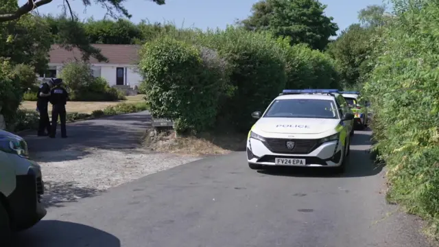 Two police officers are talking to one another on the driveway of Anne Widdecombe's home. Multiple police cars are lined up outside the property