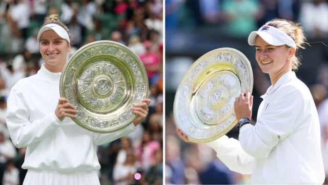 Split image of Marketa Vondrousova and Barbora Krejcikova holding the silver Wimbledon champion's dish