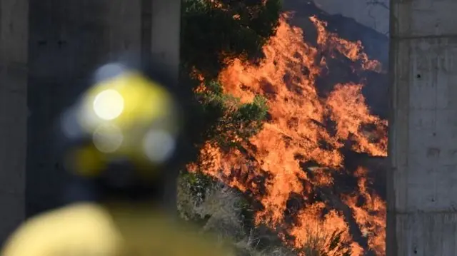 A man in a yellow emergency responder outfit looks at orange flames up a hillside