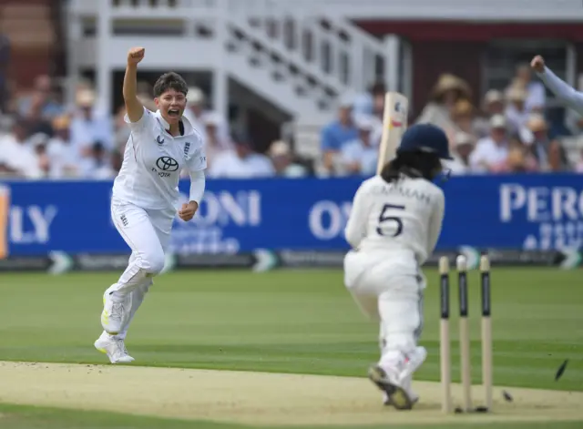 Issy Wong celebrates the wicket of Jemimah Rodrigues