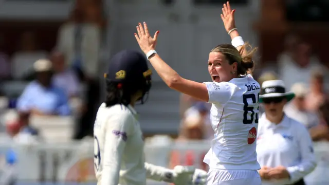 Lauren Bell appeals for a wicket