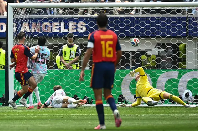 The balls flies into the back of the Belgium net