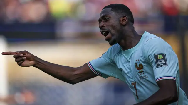 Ousmane Dembele after scoring France's second goal against Morocco