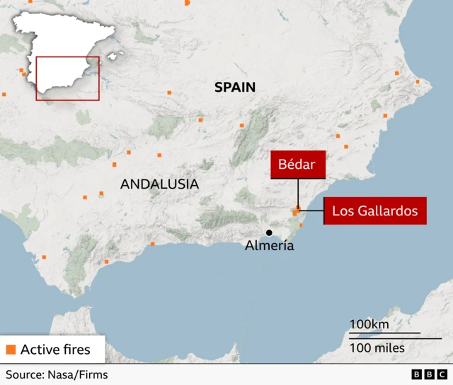 A map highlights Bedar and Los Gallardos in the south of Spain close to Almeria. It shows that they the towns are all in the Andalusia region. Orange squares are used to indicate that there are wildfires in the area. More dots have also been spread across the south of Spain