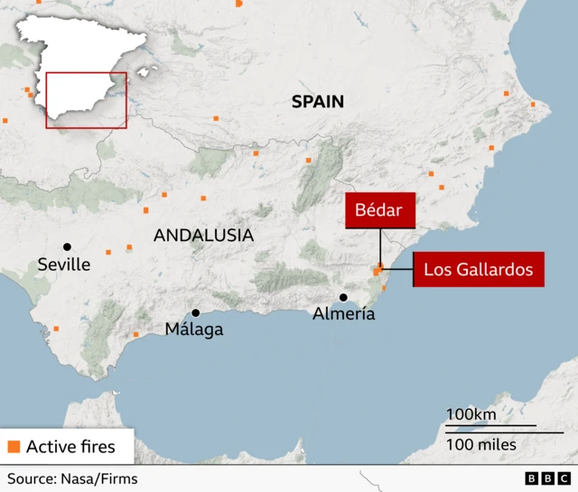 A map highlights Bedar and Los Gallardos in the south of Spain close to Almeria. It shows that they the towns are all in the Andalusia region. Orange squares are used to indicate that there are wildfires in the area. More dots have also been spread across the south of Spain