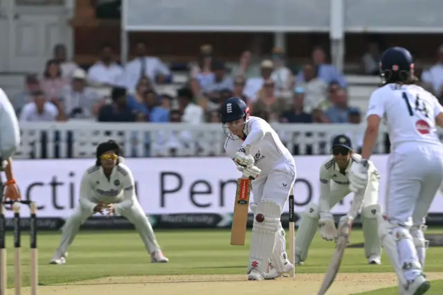Tammy Beaumont is hit on the pad