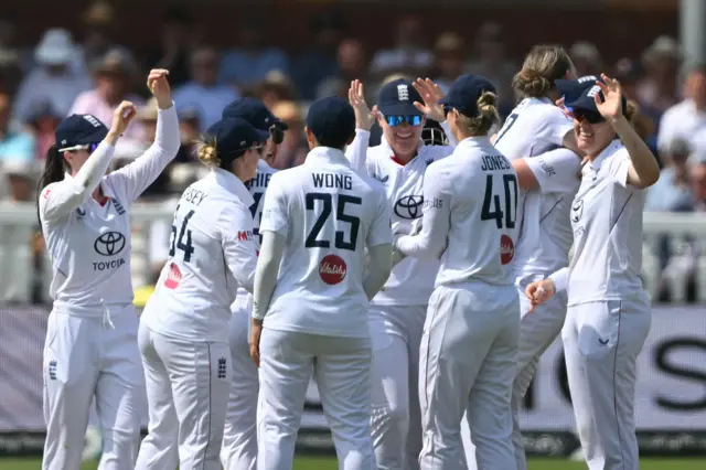 England celebrate the wicket of Shafali Verma