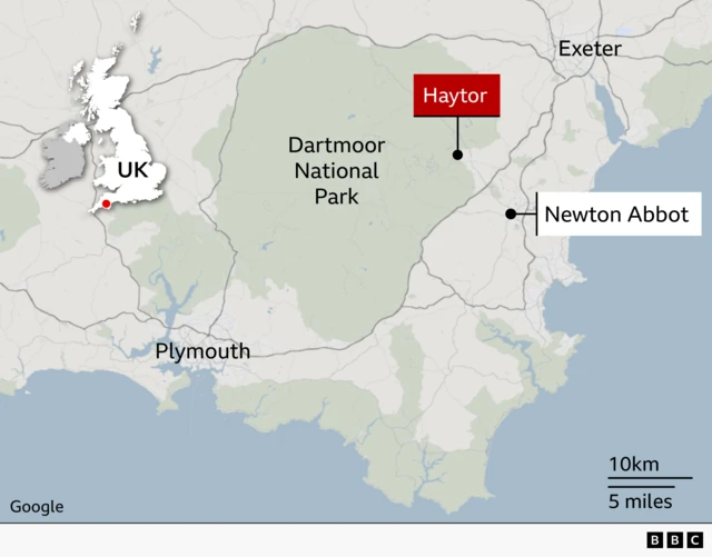 Locator map of south Devon highlighting Haytor within Dartmoor National Park. Haytor is marked on the eastern side of the park, near Newton Abbot, while Plymouth is shown to the