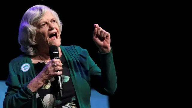 Widdecombe speaking into a mic wearing a Brexit Party sticker on her cardigan