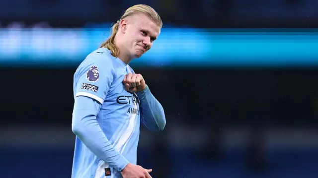 Erling Haaland of Manchester City reacts towards the Leeds United fans at full time during the Premier League match between Manchester City and Leeds United at Etihad Stadium on November 29, 2025 in Manchester, Englan