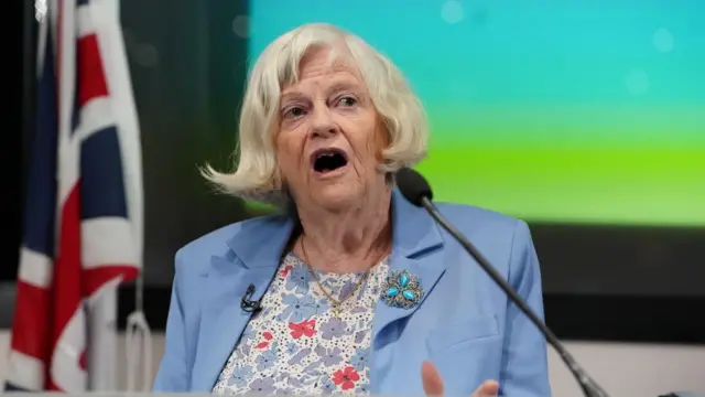 Ann Widdecombe speaks during a Reform UK General Election campaign launch. SHe is wearing a blue blazer and a broach